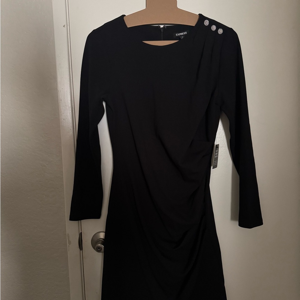 Express Black Long Sleeve Dress with Button Accents